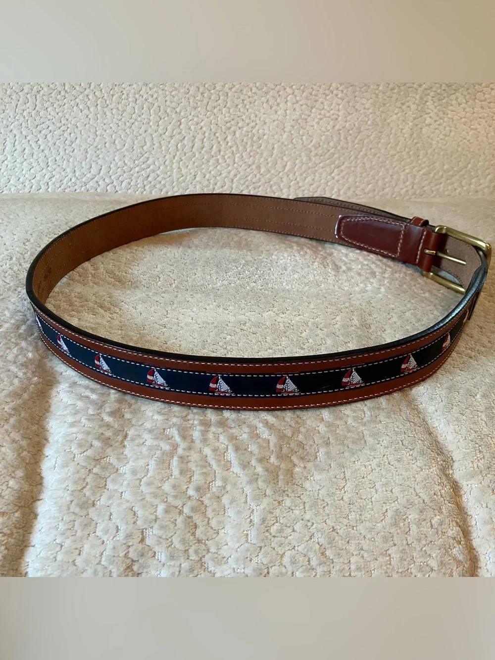 Men’s Navy Blue Sailboats Leather Canvas Belt Sz 36 Brass Golf Preppy Nautical